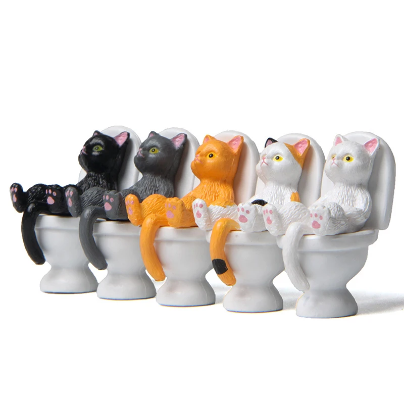 Cute Animal Cat Sitting On Toilet And Small Yellow Duck Miniature Handicraft Decorations Landscape Home Garden Decoration Toys