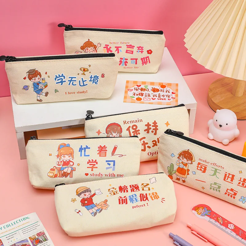 

10 Pcs Cartoon Pencil Case for Student Exam Encourage Pencil Bag Large Capacity Canvas Stationery School Season