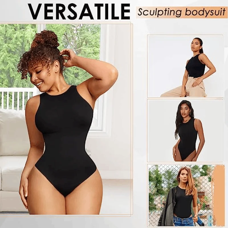 Body-Hugging T-shirt Bodysuit Tops Women Soft Crew Neck Body Shaper Thong Jumpsuit Flat Belly Corset Sexy Thong Shapewear
