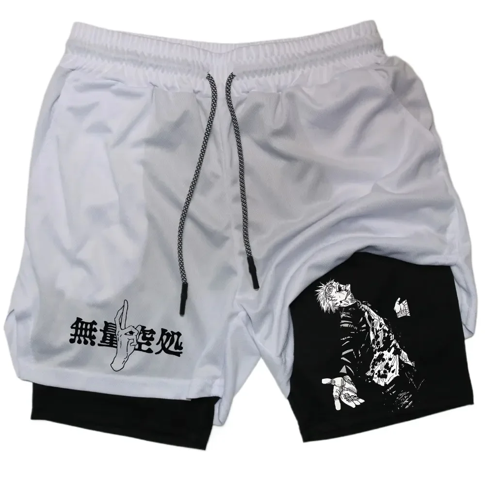 Anime 2 In 1 Compression Shorts Gojo Satoru Print Performance Sportswear Men Training Workout Male Fitness Sport Shorts 2
