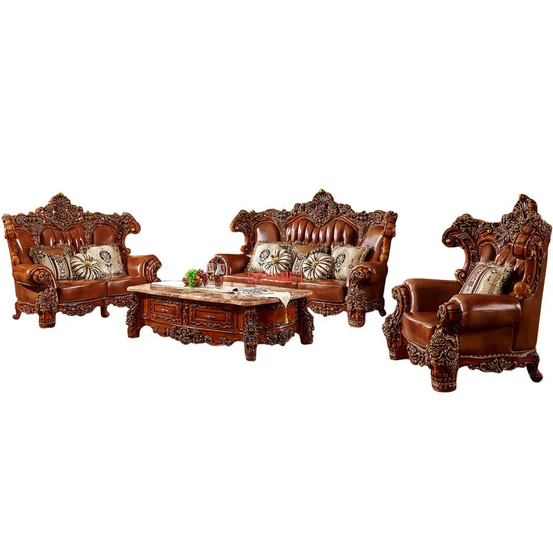European Carved Rubber Wood Solid Wood Sofa Leather Sofa Large Family