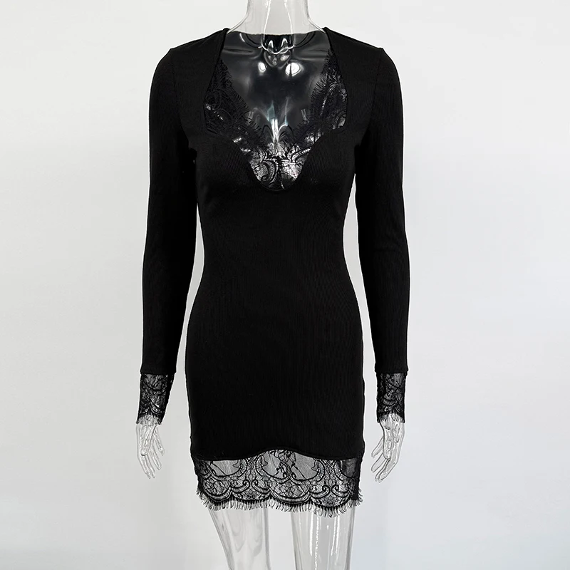 Schwarzes Spitzen-Minikleid für Damen, Sexy V-Ausschnitt, Langarm, Figurbetont, Elegantes Partykleid, Schlankes Vestido für Frühling 2026 – Detail 7