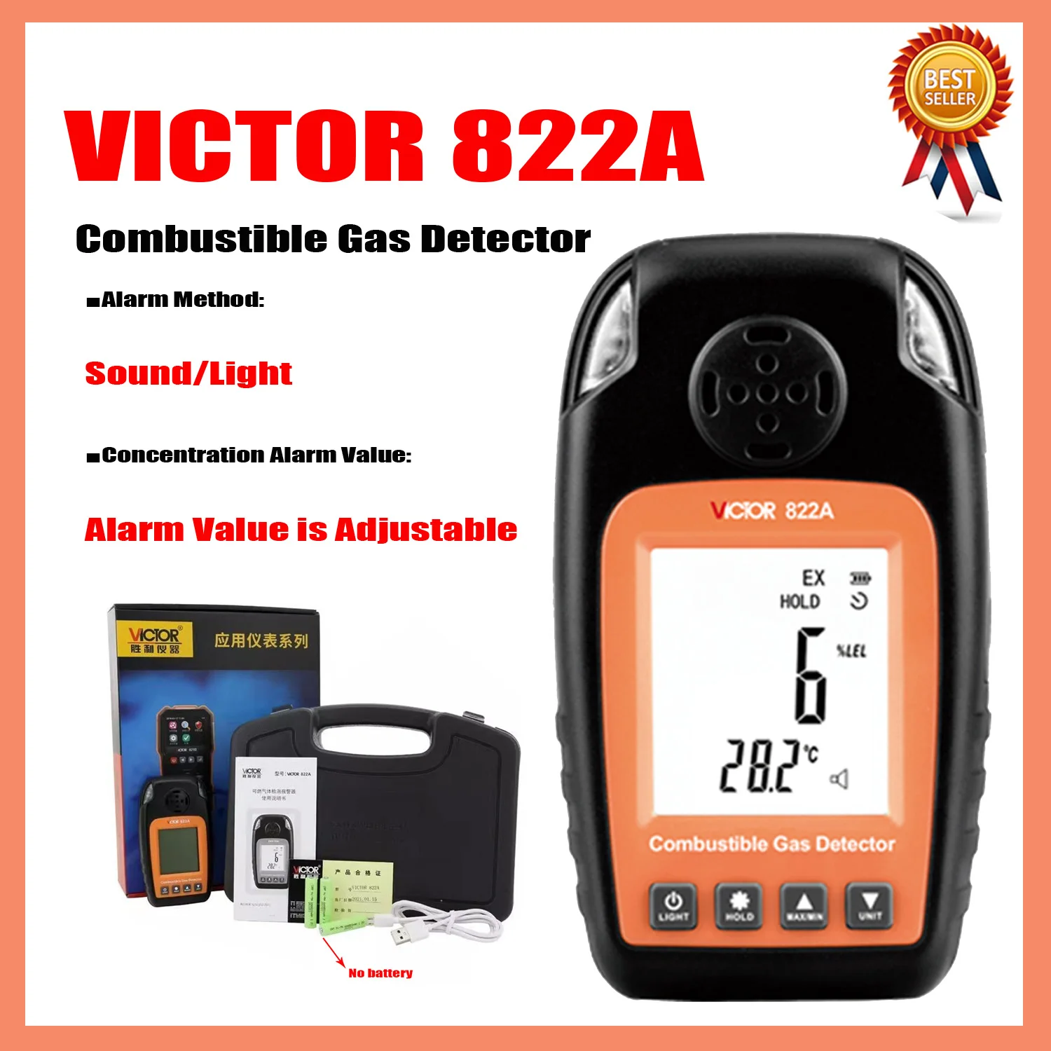 

Детектор горючих газов VICTOR 822 822A, сигнализация утечки природного газа, биогаза, высокоточный датчик, звуковой сигнальный детектор газа