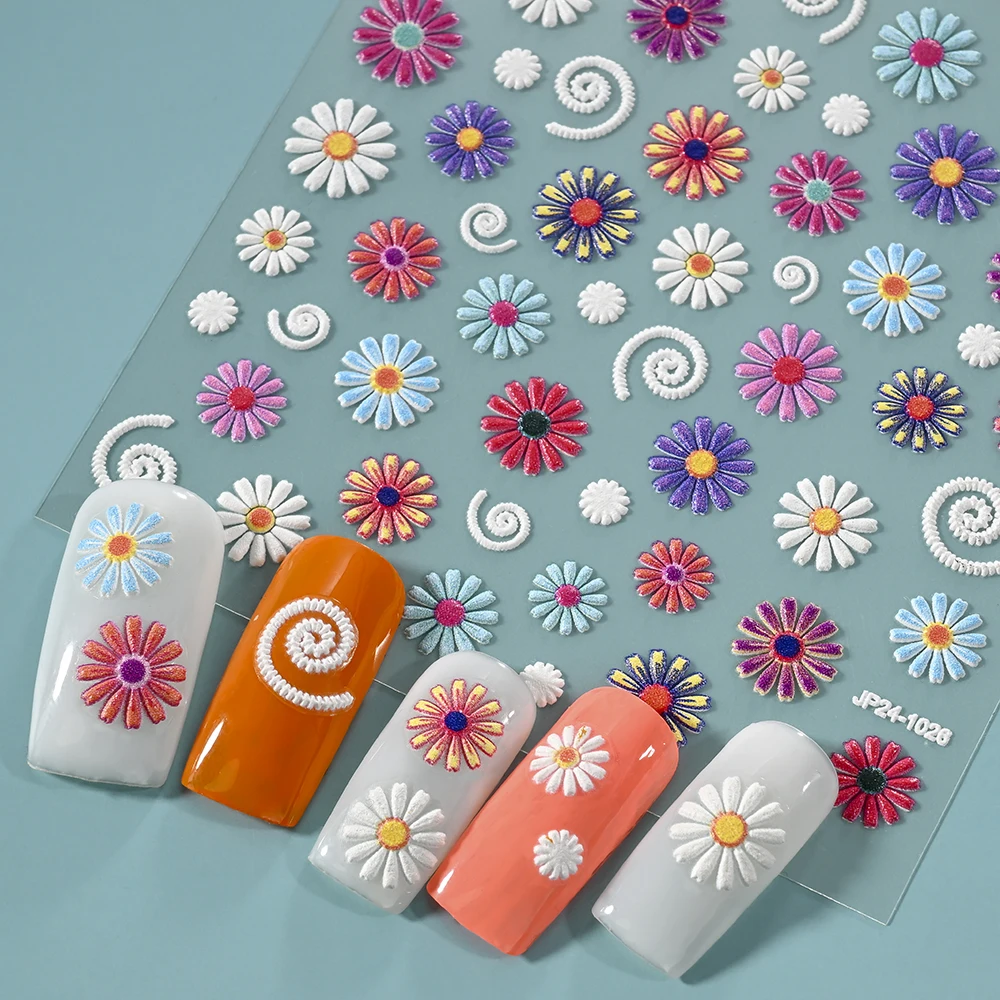 5D bemalte Blume mexikanische Nägel Aufkleber Retro elegante Stickerei Boho Stil Gänseblümchen Blume Nagel Aufkleber selbstklebende Maniküre Deko – Detail 4