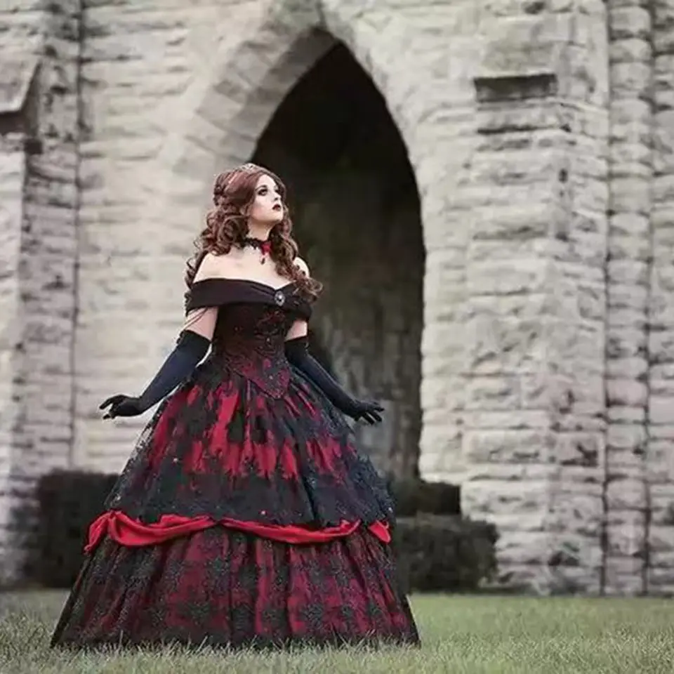 Punk Rave Long Gothic Wedding Prom Dress Ball Gown Red Black Steampunk  Victorian | eBay