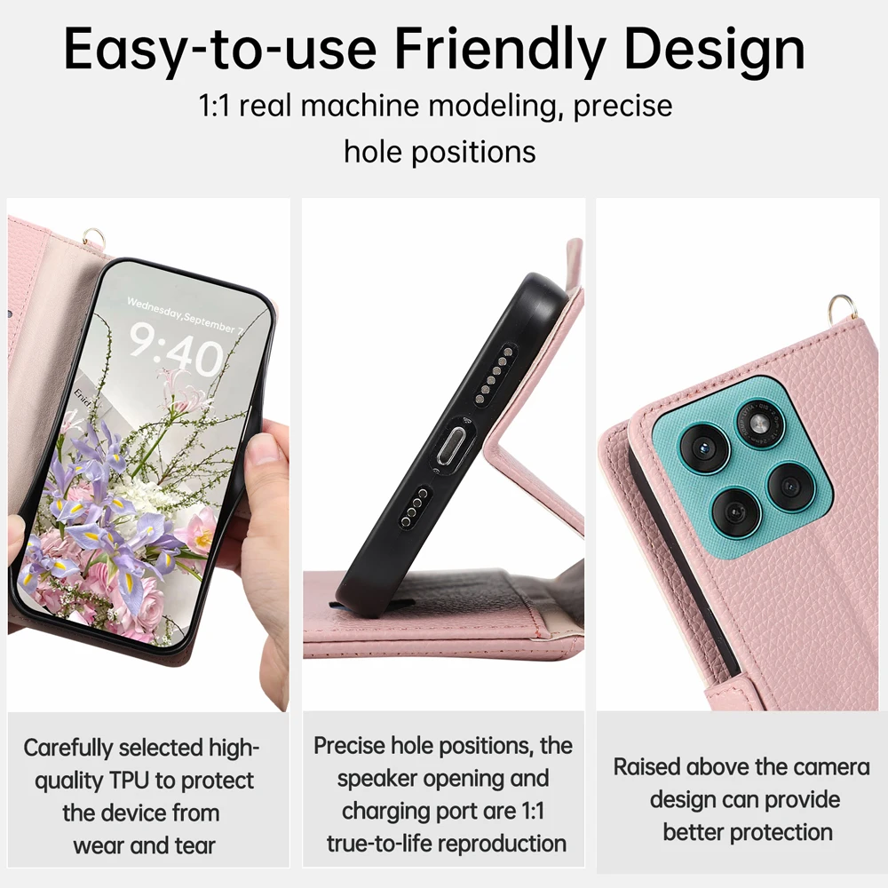 Elegant PU Leather Flip Wallet Phone Case with Lanyard Wrist Strap Cover