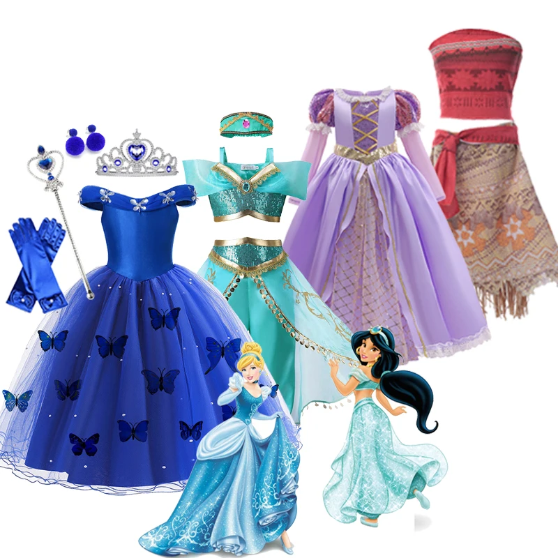 

Disney Cinderella Jasmine Moana Dress Girls Rapunzel Snow White Belle Princess Cosplay Costume For Kids Prom Party Charm Clothes