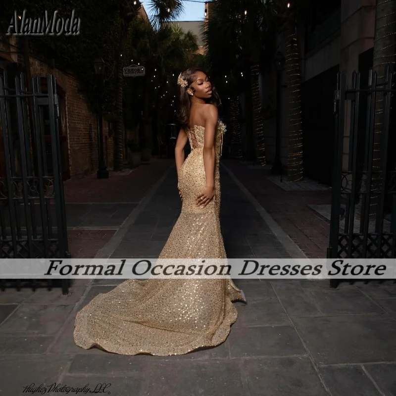 Gold Sequin Prom Dresses Gloves Luxury Mermaid Party Dress