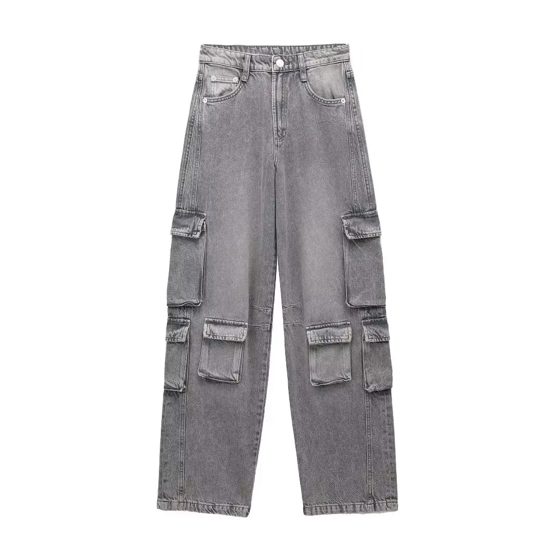 

Women New Fashion Workwear Mid-Waist Jeans Vintage Button Zipper Pocket Loose All-Match Casual Chic Female Denim Pants Mujer