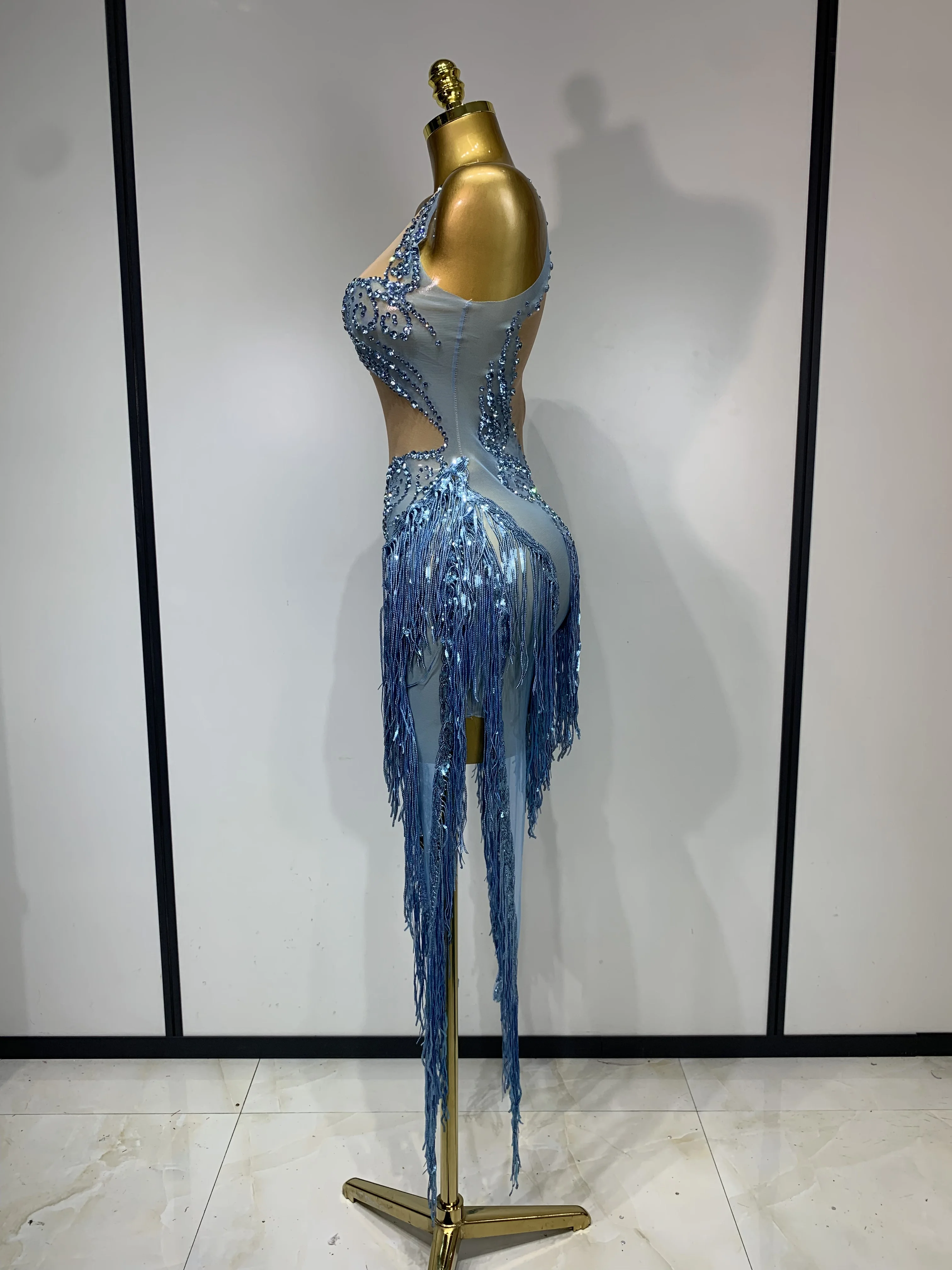 Sparkly Blue Rhinestone Tassel Mesh See Through Dress Pole Dancer Singer Outfit Women Sexy Evening Party Club Stage Costume