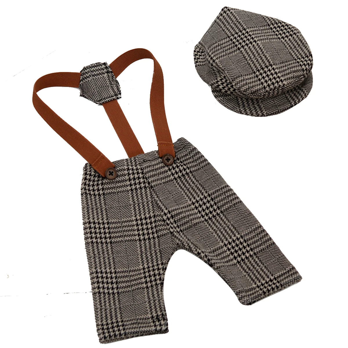 Photography Outfits Plaid Suspender Pants with Cap Photo Prop Clothes Photo Accessories Shower Gifts 0- 1 Month Brown