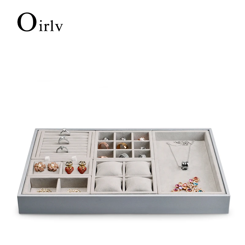 Oirlv Beige Microfiber&PU Leather Jewelry Organizer Tray Detachable Jewelry Storage Display For Earring Ring Necklace