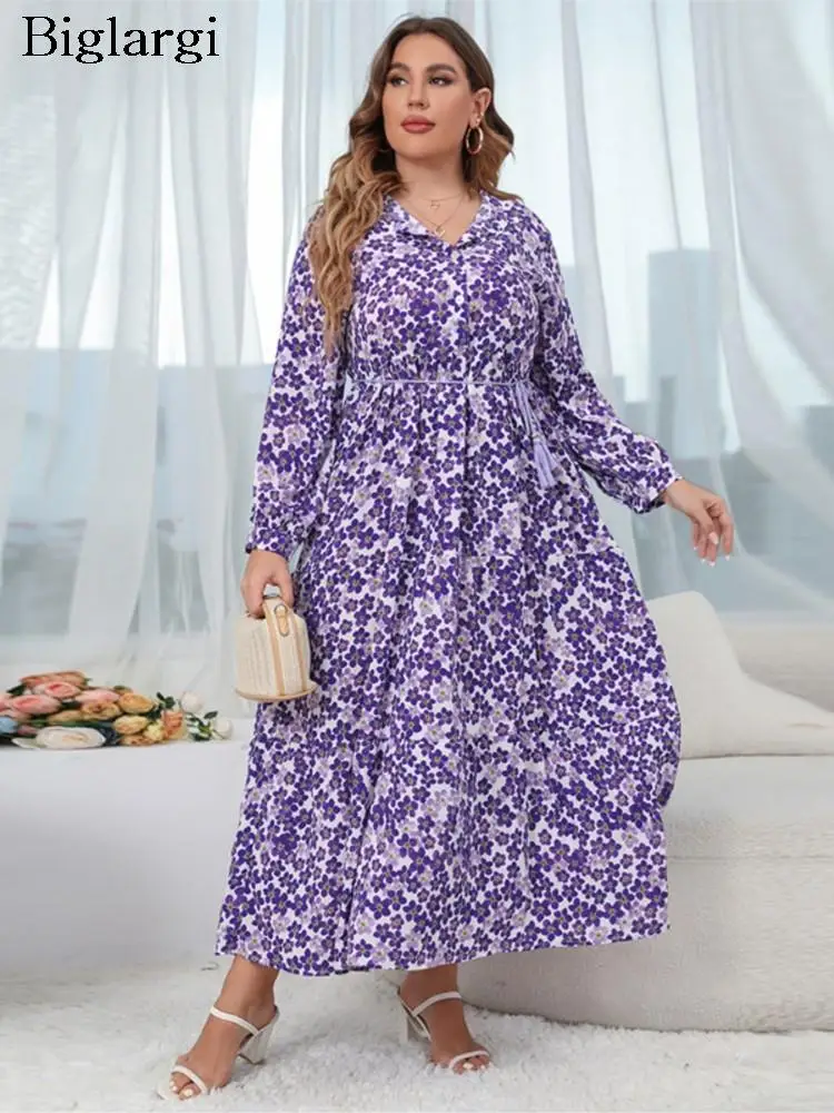 

Plus Size Autumn Floral Flower Print Long Dress Women Ruffle Pleated Fashion Ladies Dresses Puff Long Sleeve Woman Dress 2023
