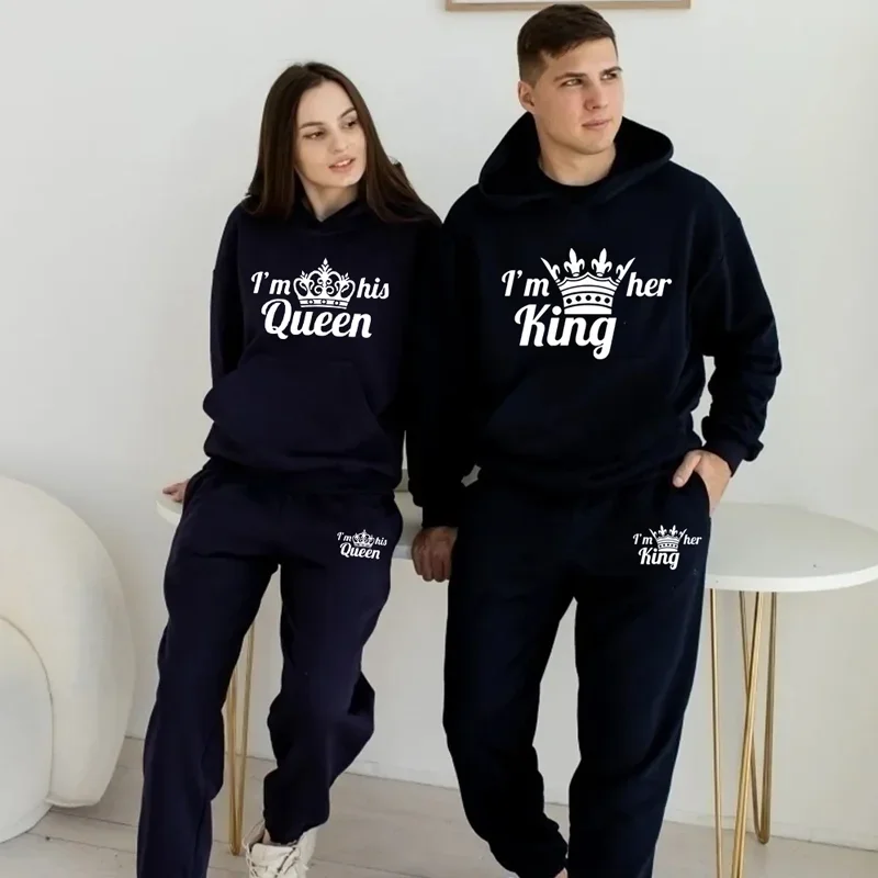 

New KING QUEEN Print Men Women Tracksuit Sets Casual Hoodie Jogger Pants 2pcs Sets Loose Causal Pullover Lover Couples Sportwear