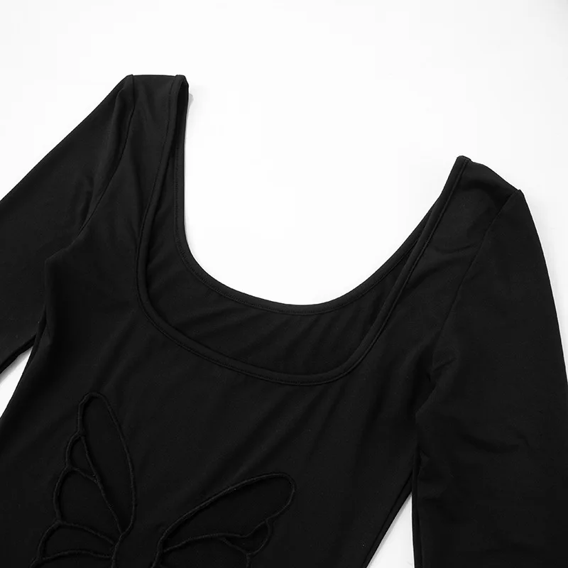 y2k Dresses Women Sexy Clothes Solid Color Butterfly Cutout Back Long Sleeve Bodycon Dress Club Dresses Streetwear