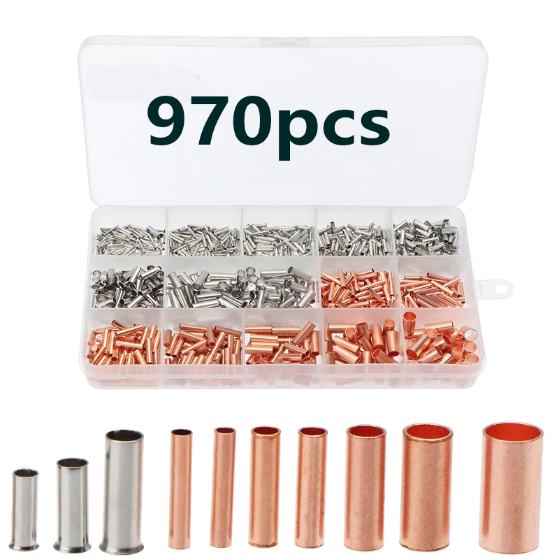 

970pcs/set Copper Pipe Connection Joint Wire Small Copper Cable Crimp Terminal Lug Bushings Kit with Heat Shrink Tube Plier