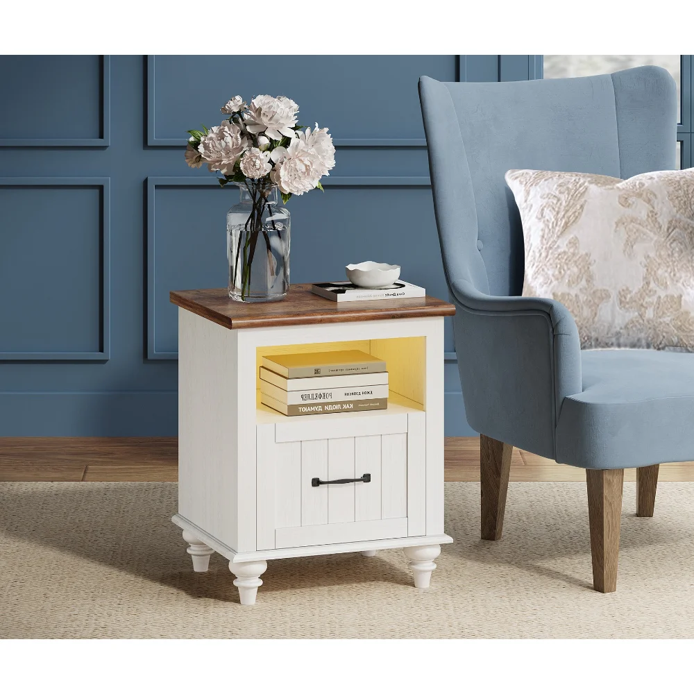 

Modern LED Nightstand with Big Drawer, Bedside Table Lights End Side for Bedroom Living Room, White and Oak