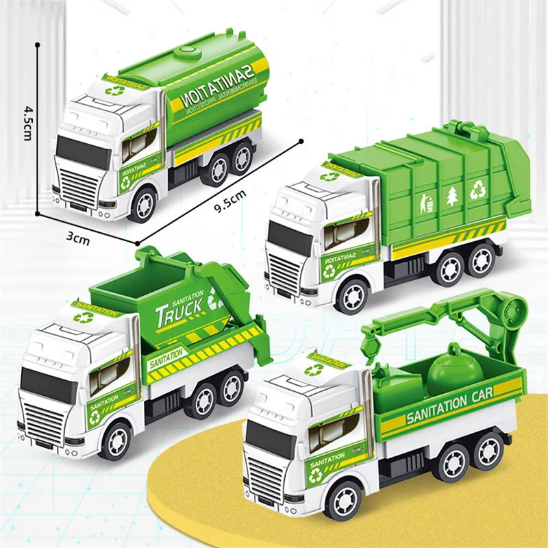4Pcs/set Mini Inertial Pull Back Sanitation Car Plastic Vehicle Garbage Truck Model Educational Toy for Kids Boy Birthday Gifts 2