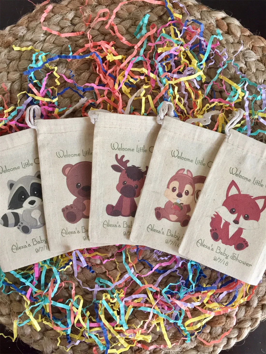 

20pcs Woodland Theme Forest Animal Favor Bags for Birthday or Baby Shower - Custom Muslin Cotton Bags