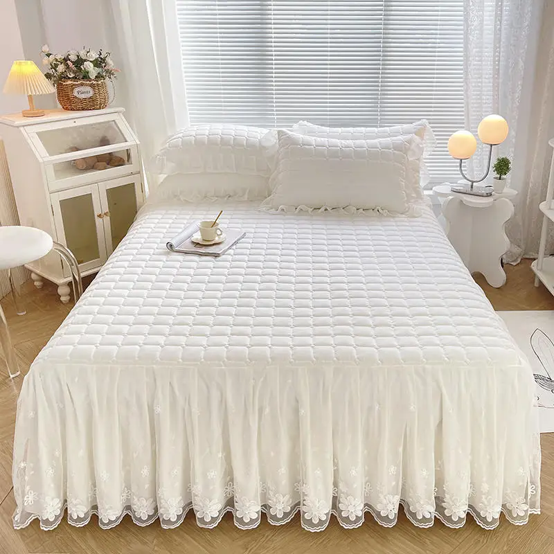 

Solid color Cotton quilted bed skirt lace health for adult 1pcs