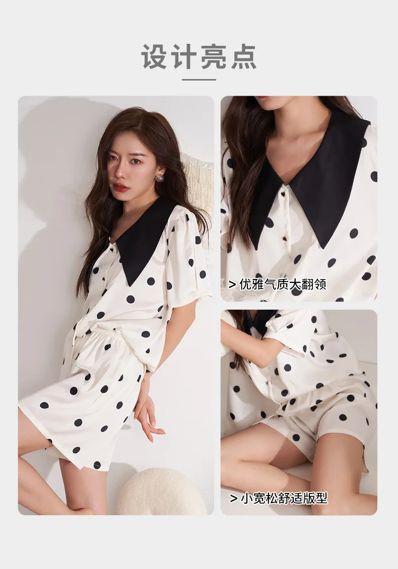 CRLAYDK 2023 Summer Polka Dot Pamas Set for Women Satin Silk Button Down Short Sleeve Sleepwear Bride Soft Pj Loungewear_voghion.com