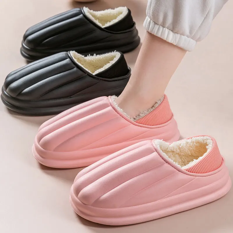 

New Winter Women Men EVA Waterproof Furry Warm Slippers Thick Plush Indoor Outdoor Non-Slip Flats Couples Shoes Comfort Slides