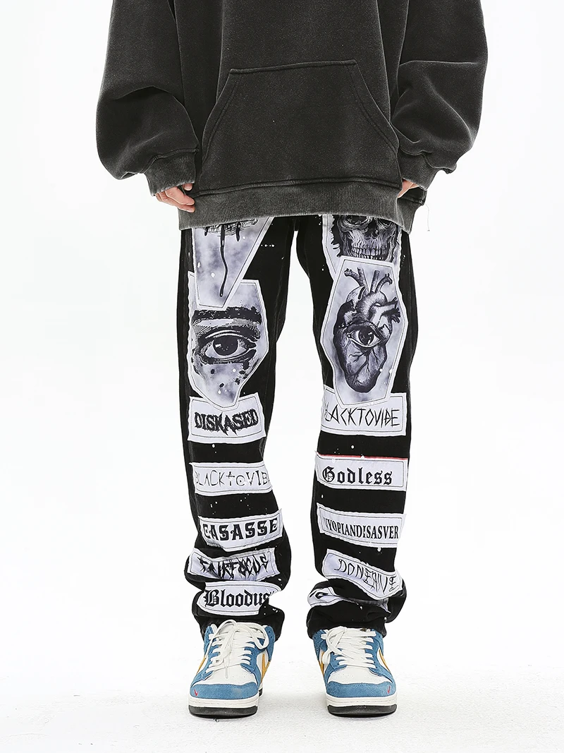 Fashion Skull Graffiti Patchwork Denim Jeans Mens Zipper Jeans Hip Hop Streetwear Casual Harajuku Straight Joggers Jeans Pants