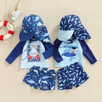 Citgeett Summer Kid Boy Swimsuit Cartoon Striped Print Beach Long Sleeve Tops + Shorts + Hat Clothes 1
