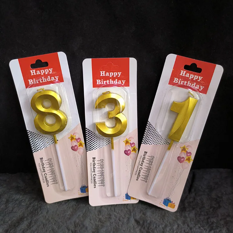 1Pc 0-9 Number Birthday Candles 3D Design Golden Smokeless Cake Decoration Candle Topper For Birthday Anniversary Celebration