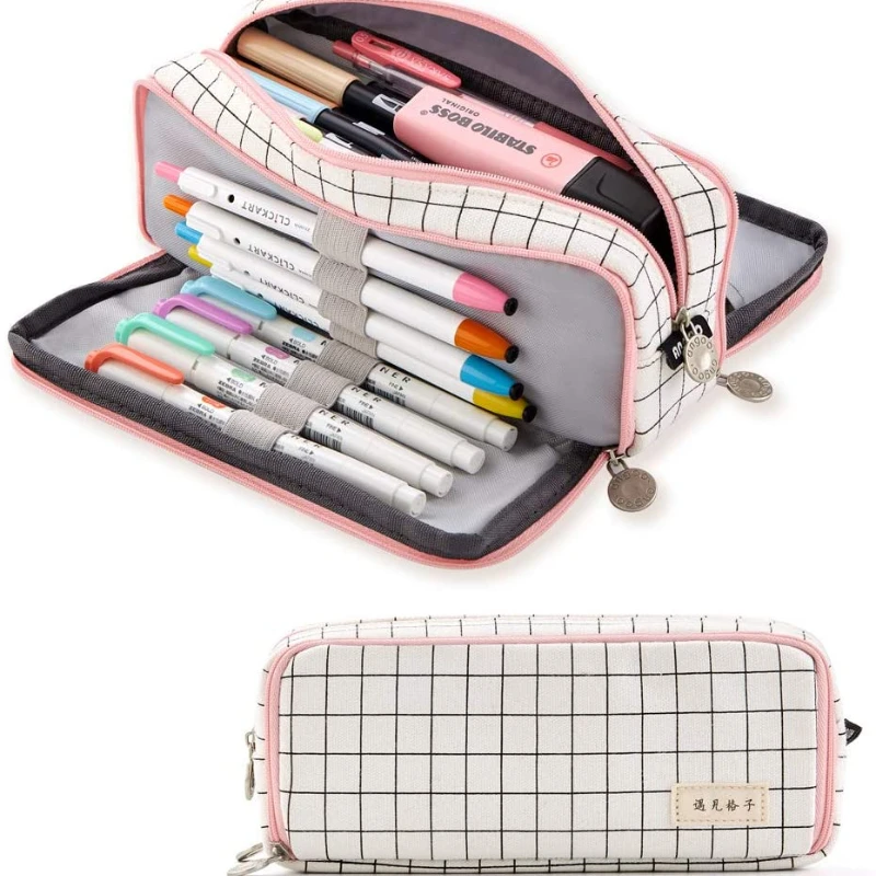 Estuche grande de gran capacidad para lápices, bolsa de lona con 3 compartimentos para adolescentes, niños niñas, estudiantes de escuela (rejilla negra de tira rosa)|Estuches escolares| - AliExpress