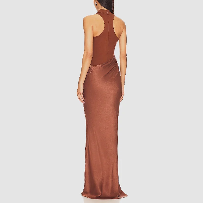 Sexy Slim Patchwork Coffee Colored Women Dress Summer Retro High Necked Sleeveless Long Dress Vacation Party Bag Buttocks Skirt 5