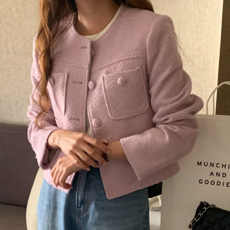 

French Vintage O Neck Tweed Women Jacket Fashion Casual Simple Pink White Long Sleeve Elegant Korea Chic Small Fragrant Coat