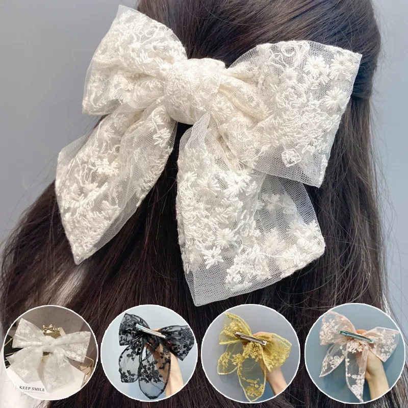 

Vintage Large Lace Flower Bow Hair Clip For Women Girls Bow Hair Rope Ribbon Wedding Korean Hairpins Barrette Hair Accessories