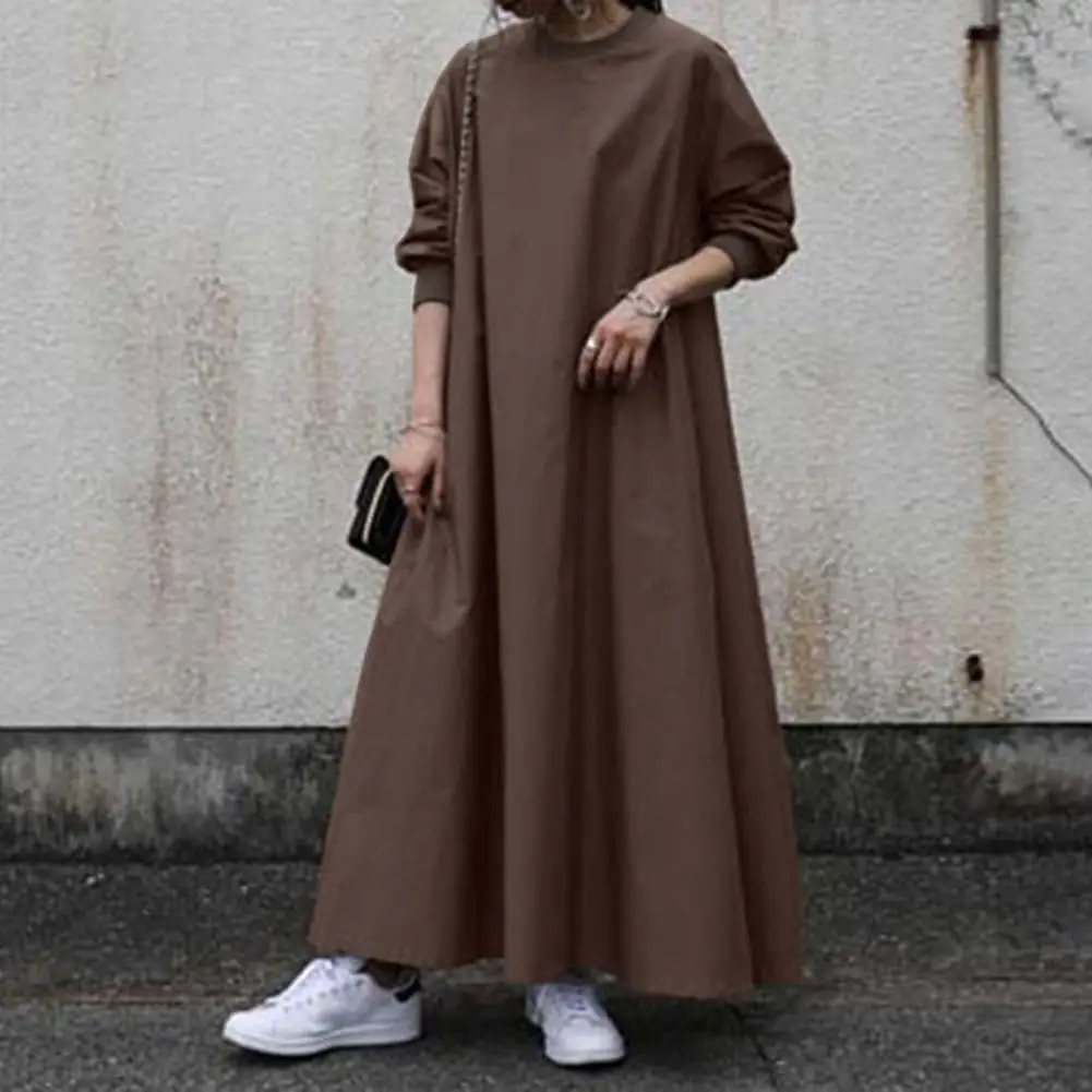 

Women Fall Spring Dress Retro O Neck A-line Loose Solid Color Big Swing Ankle Length Elastic Cuff Soft Casual Oversized Pockest