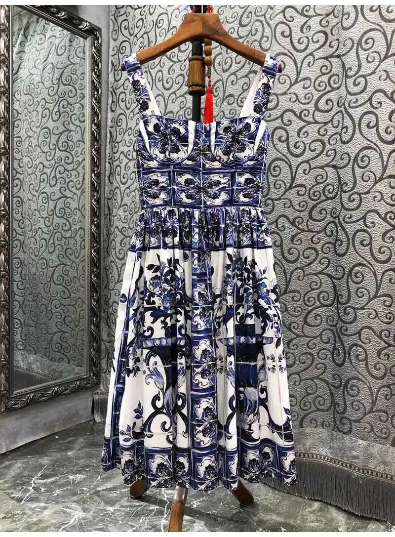 

100%Cotton Dress 2022 Summer Fashion Style Women Spaghetti Strap Vintage Porcelain Prints Mid-Calf Blue White Swing Dress Club