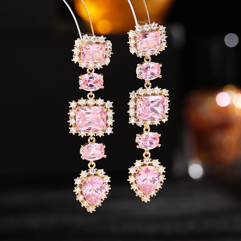 Shining Cubic Zirconia Long Elegant Temperament Eardrop For Girls Geometric Zircon Luxury Brand Jewelry 925 Silver Needle Earing