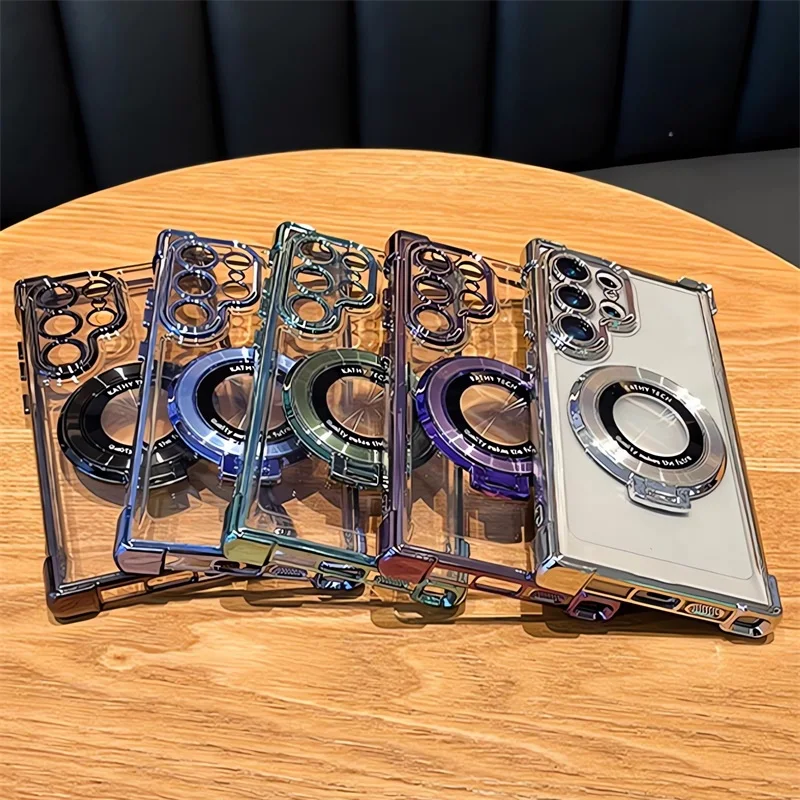 Luxury Plating Shockproof Magnetic Stand Clear Phone Case with Acrylic Back Cover