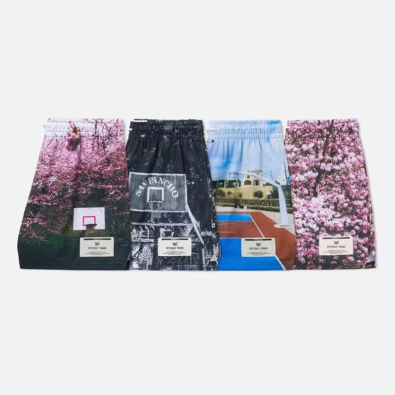 American Fashion Brand Rain Cherry Blossom Wind Shorts Mesh Quick Dry Loose Large Size Shorts Basketball Running Shorts