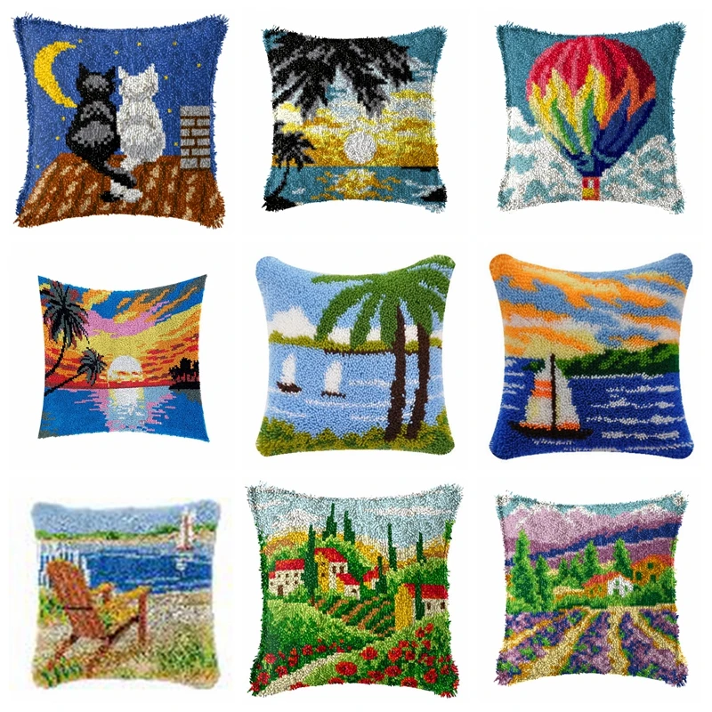 Outdoor Vocation Pillow Embroidery Latch Hook Kits Rugs Sea Mountain Knot Pillow Package Smyrna Buttons Package Decoration Gifts