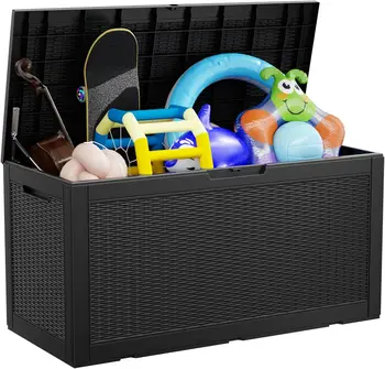 100 Gallon Deck Box,Resin Outdoor Storage Box with Lockable, Garden Tools Waterproof Outside Storage Box, Black 1