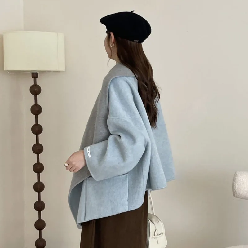 LANMREM Two-tone Shawl Collar Buttonless Drop Shoulder Mid-length Bathrobe Style Reversible Women's Double-faced Woolen Coat New - Image 5