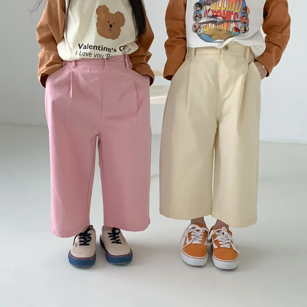 

4718C Children Pants 2023 Spring New Korean Solid Color Girl's Casual Straight Pants Six Colors Loose Boy's Wide-leg Pants