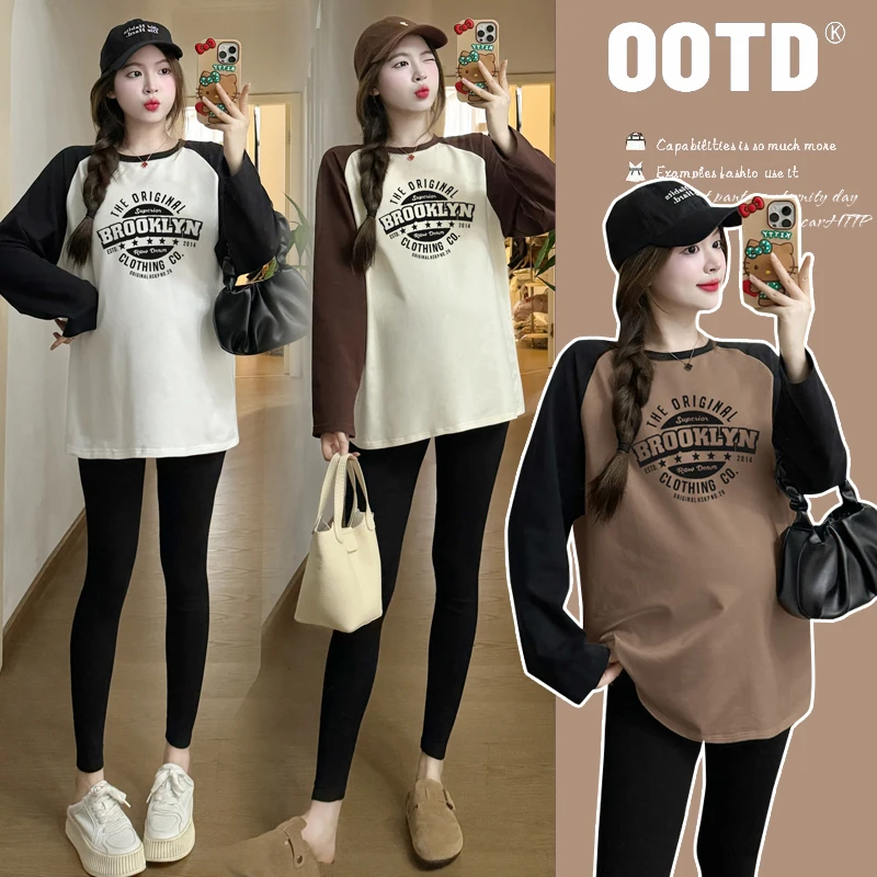 G70797  임신 블라우스 티셔츠, 긴 소매, 나이 감소, 느슨한 패치워크 디자인..