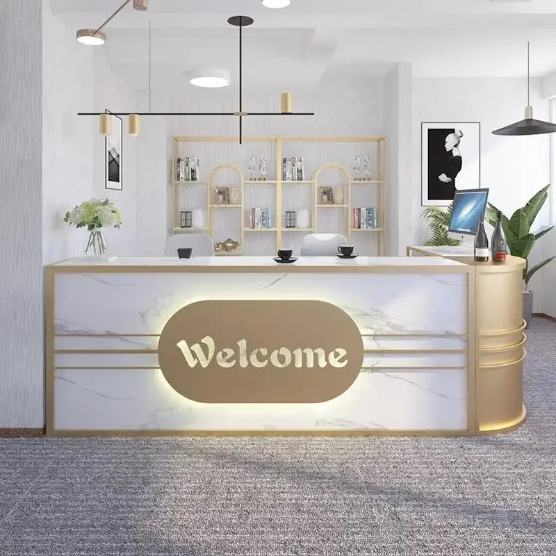Commercial Furniture Front Table Luxury Pink White Gold Reception Desk Office Building Application Reception Desk