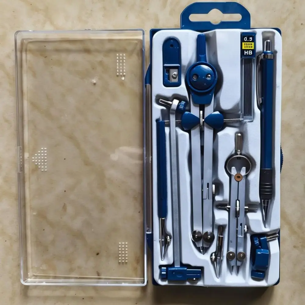7개/팩 투명 커버 드로잉 컴퍼스 키트 기계식 연필 측정자 드로잉 도구 세트 스테인리스 스틸 플라스틱