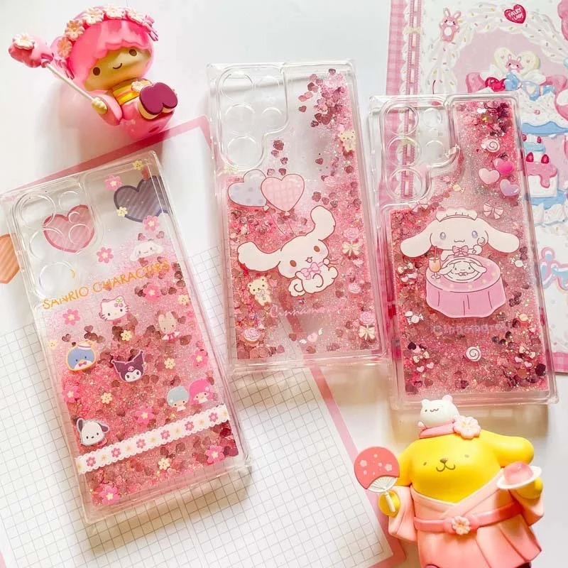 

Hello Kitty Kuromi my melody pink kawaii quicksand Phone Case For Samsung S23 S22 S21 S20 Ultra Lite Clear Soft TPU Cover