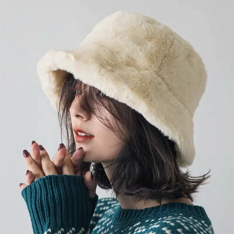 Autumn Winter Women Bucket Hat Soft Faux Rabbit Fur Panama Casual Hat,women bucket hat,women hat,bucket hat