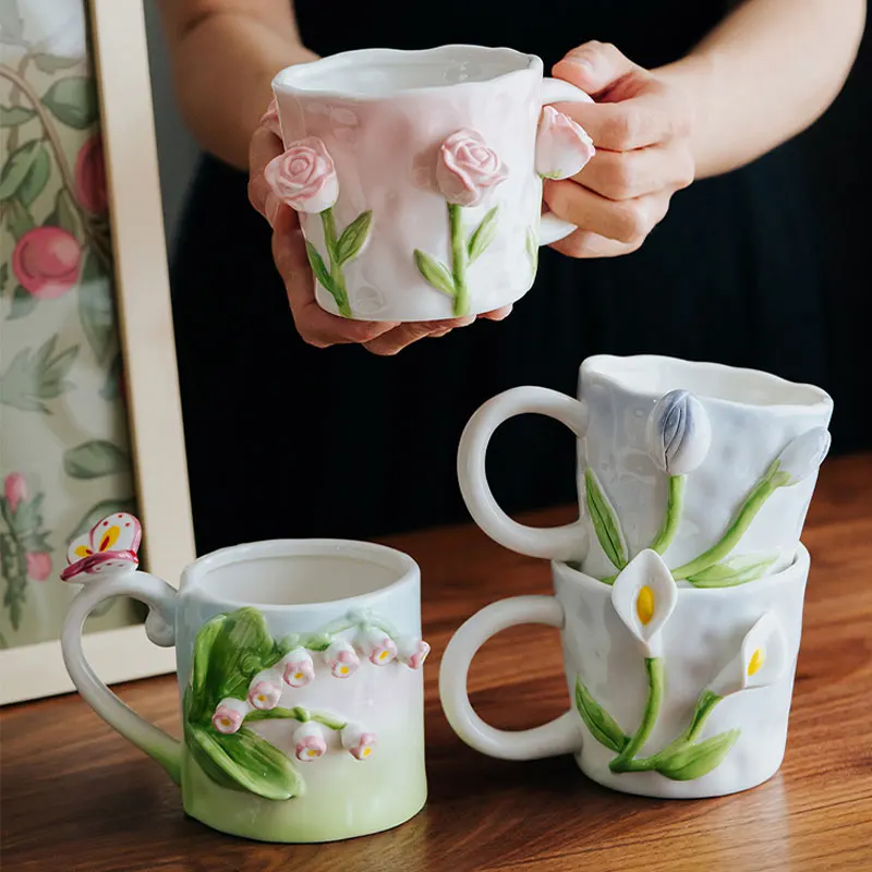 

Elegant Handmade 3D Embossed Hand Painted Bell Orchid Calla Lilies Rose Tulip Porcelain Mugs For Coffee Tea Creative Cup Gifts