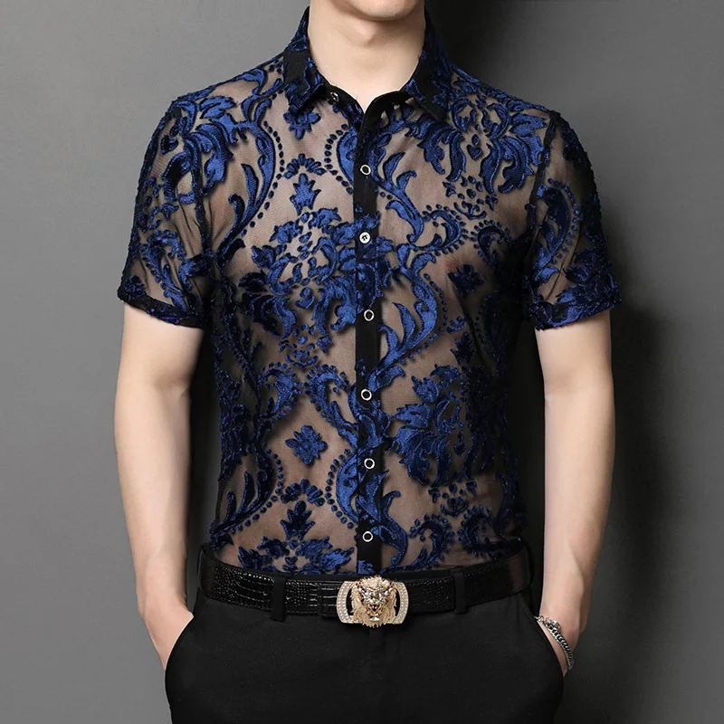 Green Floral Embroidery Transparent Shirt Men Transparent See Through Sexy Dress Shirts Mens Social Party Lace Sheer Blouse 2XL 2