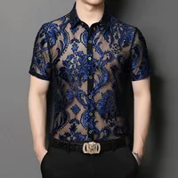 Green Floral Embroidery Transparent Shirt Men Transparent See Through Sexy Dress Shirts Mens Social Party Lace Sheer Blouse 2XL 2